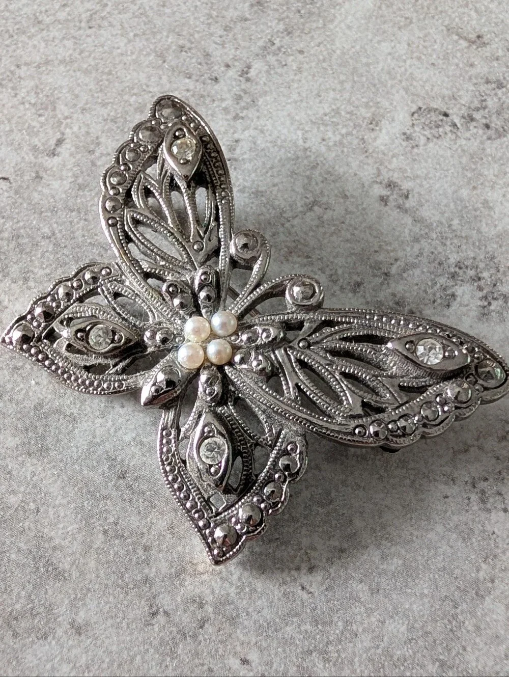 Vintage Avon Butterfly Brooch with Faux Pearl And Clear Rhinestone Accents